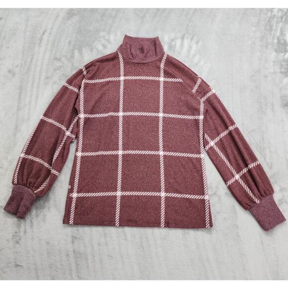 Maurices Top Womens XS Dark Red White Felicity Windowpane Blouson Sleeve Stretch